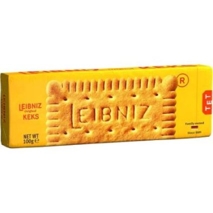 Yellow Leibniz original cookie box displaying a large embossed biscuit with the LEIBNIZ logo