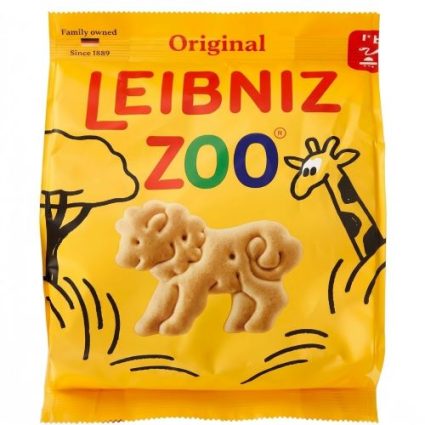 Bright yellow Leibniz Zoo Original cookies package with a lion-shaped biscuit and cartoon animals on the bag as a product photo.
