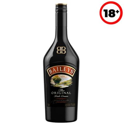 Baileys Original Irish Cream bottle on a white background with an 18+ warning badge in the top-right corner.