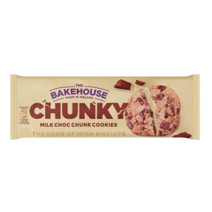 Beige包装 for The Bakehouse Chunky Milk Chocolate Chunk Cookies with a cookie illustration on the right and 'Made in Ireland' text.