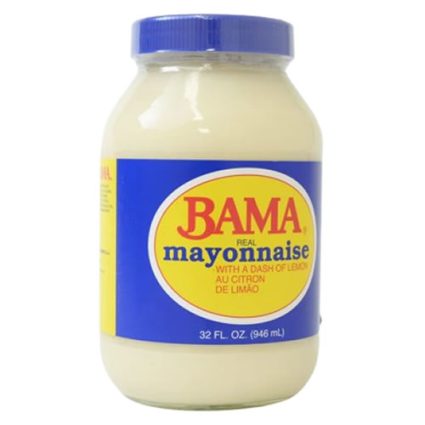 Jar of BAMA Real Mayonnaise with a dash of lemon; blue label, 32 fl oz.