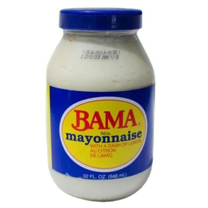 Jar of BAMA Real Mayonnaise with a dash of lemon, blue-and-yellow label on a white jar.