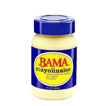 Jar of Bama Real Mayonnaise with a dash of lemon, blue-labeled container with yellow mayo inside