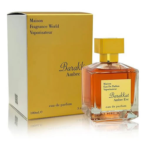 Barakkat Ambre Eve Perfume 100ml - Imavug Perfume bottle with amber liquid and a yellow cap beside a matching gold box labeled Barakat Ambre Eve.