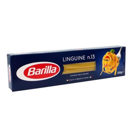 Barilla linguine pasta box, 500 g, navy blue packaging with red Barilla oval logo and pasta image