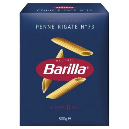 Blue Barilla pasta box for Penne Rigate No. 73, 500 g, showing pasta shapes and red Barilla logo.