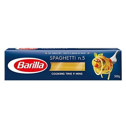 Barilla spaghetti n.5 box on blue packaging, 500g, cooking time 9 minutes, with image of pasta on the right side.