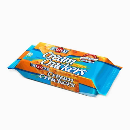 Beloxxi Cream Crackers Biscuit - Imavug Blue and orange package of Cream Crackers on a white background, showing the product name prominently.