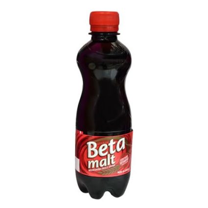 Beta Malt malt beverage bottle with red cap and red label, dark purple liquid visible through the bottle