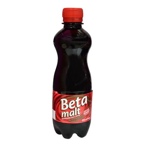 Beta Malt Non-Alcoholic Drink 33cl PET Bottle - Imavug Beta Malt malt beverage bottle with red cap and red label, dark purple liquid visible through the bottle