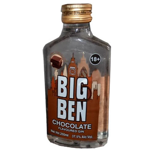 Big Ben Chocolate Flavoured Gin 20cl Bottle - Imavug Small clear bottle of Big Ben Chocolate Flavoured Gin with a London skyline label and 37.5% ABV (200 ml).