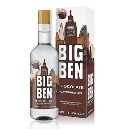 Bottle of Big Ben Chocolate Flavoured Gin next to its white and brown box, featuring London skyline artwork and bold 'BIG BEN' lettering.