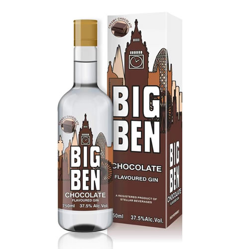 Big Ben Chocolate Flavoured Gin 75cl Bottle - Imavug Bottle of Big Ben Chocolate Flavoured Gin next to its white and brown box, featuring London skyline artwork and bold 'BIG BEN' lettering.