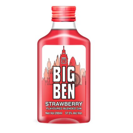Red bottle of Big Ben Strawberry Flavoured Blended Gin, 200ml, with a city skyline label and red cap