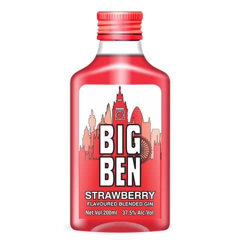 Big Ben Strawberry Flavoured Gin 20cl Bottle - Imavug Red bottle of Big Ben Strawberry Flavoured Blended Gin, 200ml, with a city skyline label and red cap