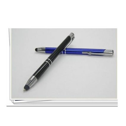 Two pens crossed on a light surface, one black and one blue with silver accents.