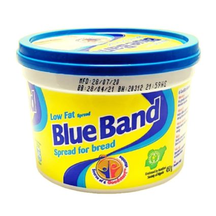 Yellow tub of Blue Band Low Fat Spread for bread with a blue lid.