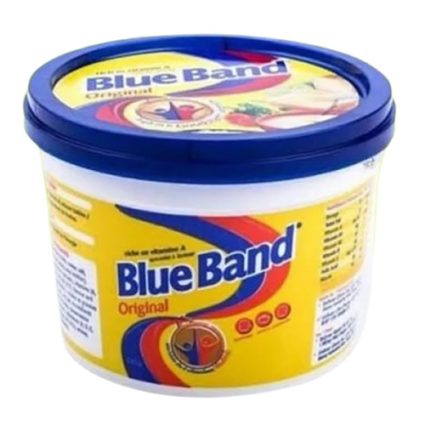 Yellow tub of Blue Band Original margarine with a blue lid, showing the brand logo on the label.