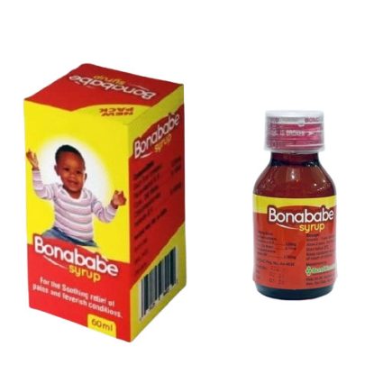 Bonababe syrup box and bottle for baby pain relief, with a smiling baby image on the box.
