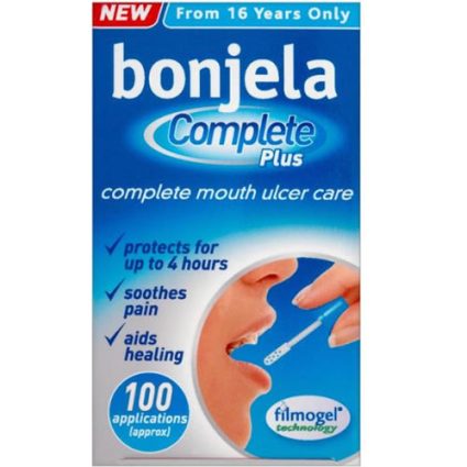 Bonjela Complete Plus mouth ulcer care packaging with a mouth illustration and applicator point to its use.