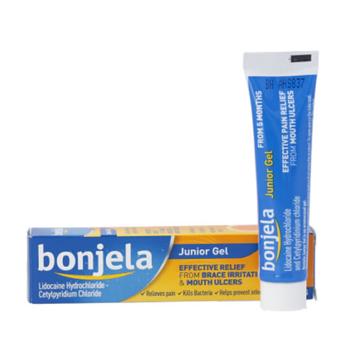 Bonjela Junior Gel for Mouth Ulcers Brace Irritation 15g Topical Tube - Imavug Bonjela Junior Gel tube and box, blue and orange packaging, for relief of mouth ulcers (kid-friendly gel)
