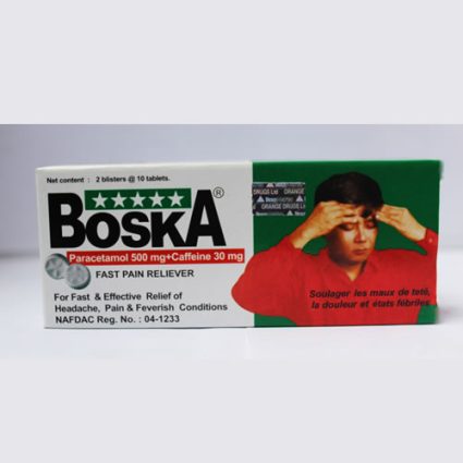 Box of Boska fast pain reliever (paracetamol 500 mg + caffeine 30 mg) with a figure holding their head on the right panel, indicating headache relief use for headaches/pain relief.
