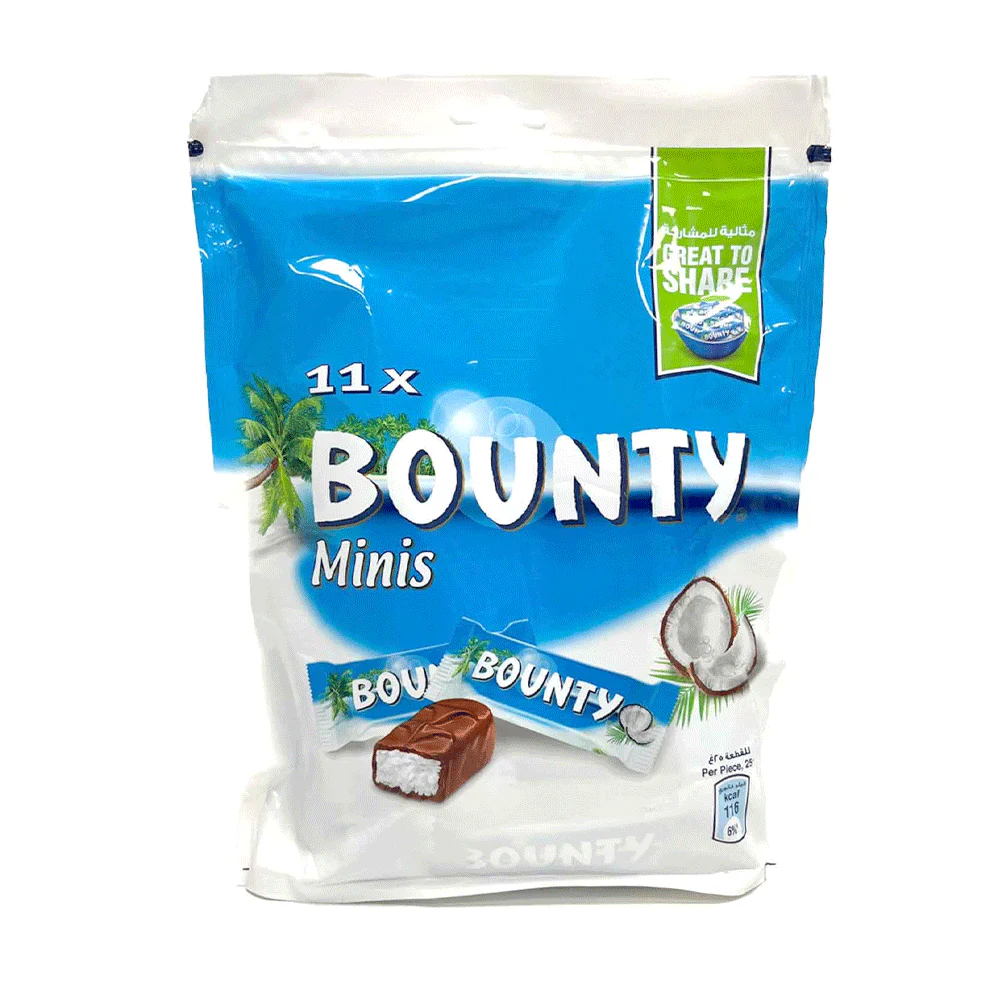 Bounty Miniatures 220g1 - Imavug Blue and white bag of Bounty Minis coconut chocolate bars, labeled 11x, with a coconut image on the front.