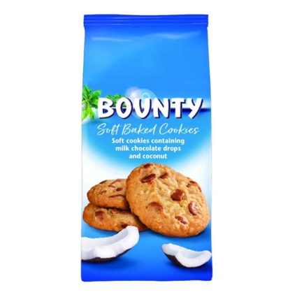 Bounty Soft Baked Cookies bag with two cookies and coconut pieces on a blue gradient background.