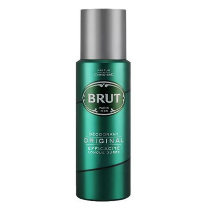 Brut Original deodorant spray can in a green metallic bottle with a silver cap on a white background.