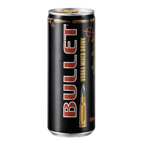 Bullet Vodka Mixed Drink 250ml Can - Imavug Tall black energy drink can with a large vertical red word and a gold bullet graphic near the bottom