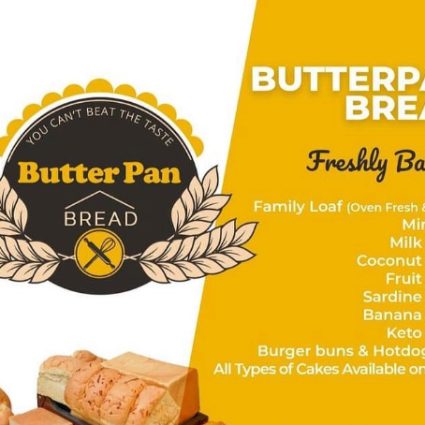 ButterPan Bread advertisement with the logo and 'Freshly Baked!' on a yellow banner listing breads like Family Loaf, Milk Bread, Coconut Bread, Banana Bread, etc.