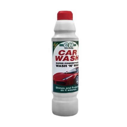 White bottle of CH Car Wash with a red cap; label shows a red sports car and bold 'CAR WASH' text.