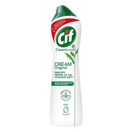 Cif CleanBoost Cream Original cleaning cream bottle with green cap and red seal, showing label text about removing tough dirt.