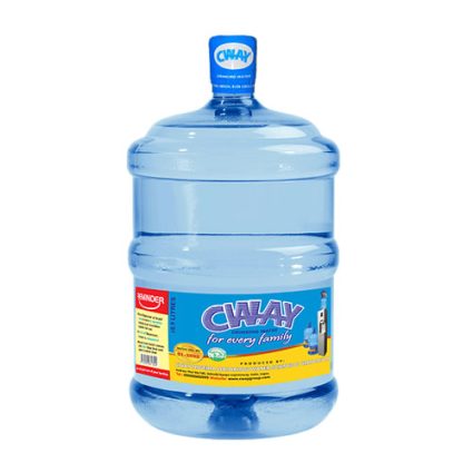 Blue 5-gallon CWAY water jug with blue cap and label, standing upright on a white background
