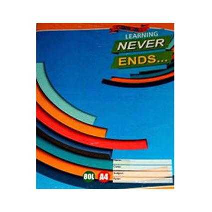 Bright blue educational poster with multicolored curved bands and the phrase 'Learning never ends' at the top, suggesting lifelong learning.