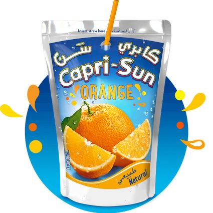 Capri-Sun Orange fruit drink pouch with orange straw and orange artwork on a blue background.