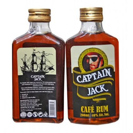 Two small glass bottles of Captain Jack Café Rum with gold caps, front labels featuring a pirate logo and brand name.