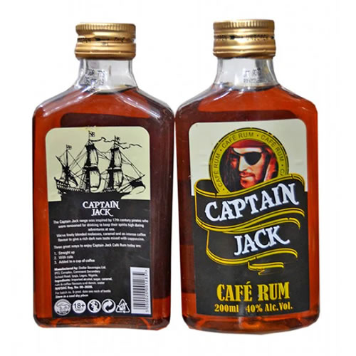 Captain Jack Dark Rum 120ml Pocket Bottle - Imavug Two small glass bottles of Captain Jack Café Rum with gold caps, front labels featuring a pirate logo and brand name.