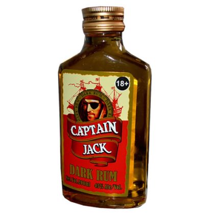 Captain Jack Dark Rum bottle with amber liquid and pirate-themed label, 18+ symbol visible (200 ml, 43% alc/vol).