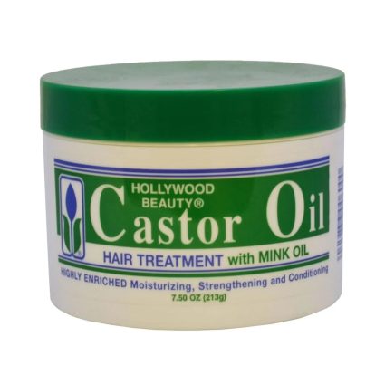 Plastic jar of Hollywood Beauty Castor Oil hair treatment with mink oil, green lid and white label showing 'Castor Oil'