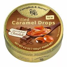 Round tin of Cavendish & Harvey Filled Caramel Drops, chocolate-filled caramel candies with a gold lid.