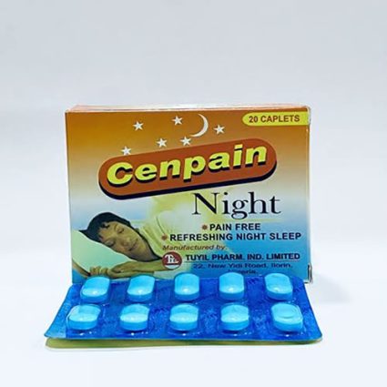 Cenpain Night sleep aid box with 20 blue tablets in a blister pack, featuring a sleeping man and stars on the packaging.