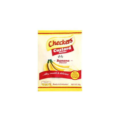 Checkers Banana Flavour Custard Powder packet with banana image on a cream-yellow wrapper