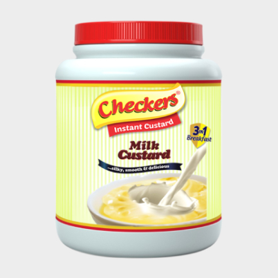 Checkers Instant Custard jar with red lid; label reads Milk Custard with a bowl of creamy custard splashing milk splash illustration