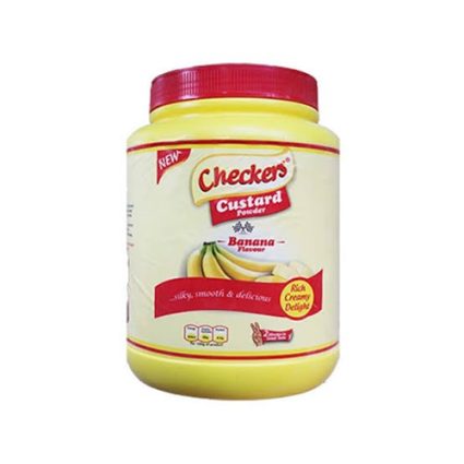 Banana-flavored custard powder from Checkers in a yellow tub with a red lid and label, ready for dessert.