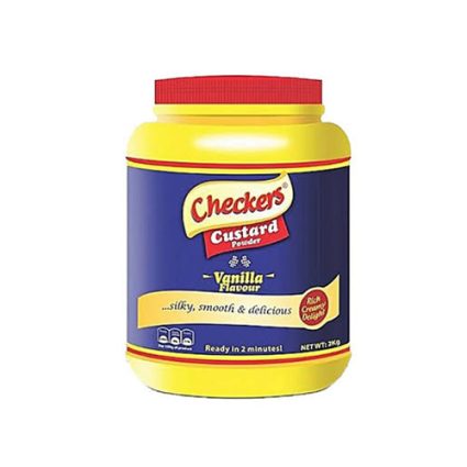 Yellow tub of Checkers Custard Powder, vanilla flavour, with red cap and blue label.