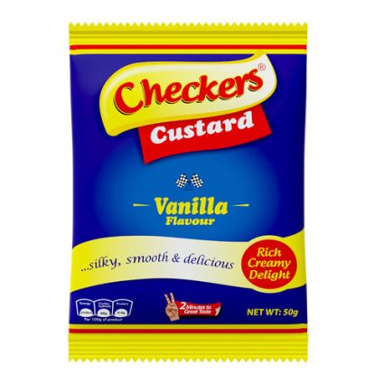 Checkers Custard Vanilla flavour packet with blue and yellow packaging.