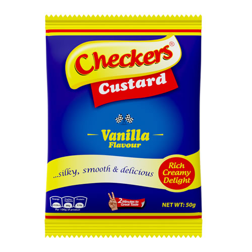 Checkers Custard Vanilla 45g - Imavug Checkers Custard Vanilla flavour packet with blue and yellow packaging.