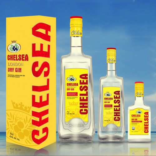 Chelsea London Dry Gin 100ml Bottle 2 - Imavug Set of Chelsea London Dry Gin bottles with a bright yellow Chelsea box, against a blue sky backdrop.