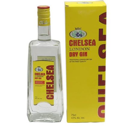 Bottle of Chelsea London Dry Gin with yellow label and matching yellow box beside it, showing prominent 'CHELSEA' text on label and box.